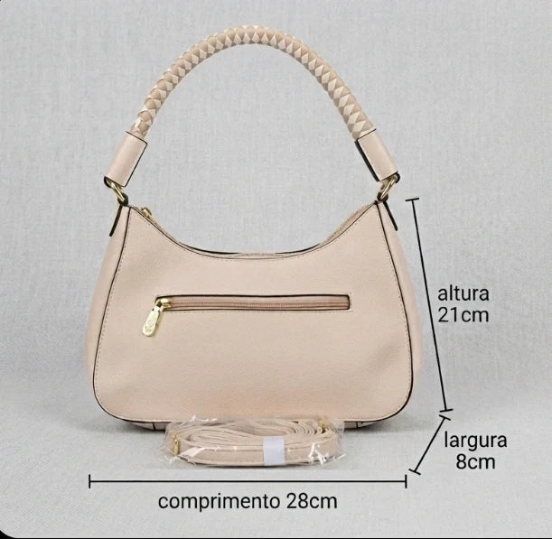 Bolsa Feminina Hobo Estruturada com Alça Trançada e Detalhes Dourados Modelo Brisa de Búzios